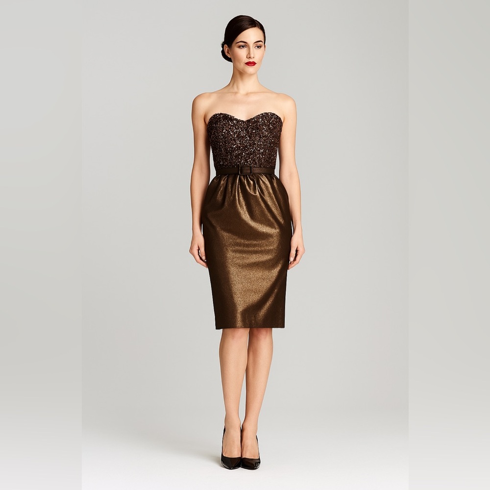 Theia Bronze Strapless Sequin Top Dress Sz. 12 NWT
